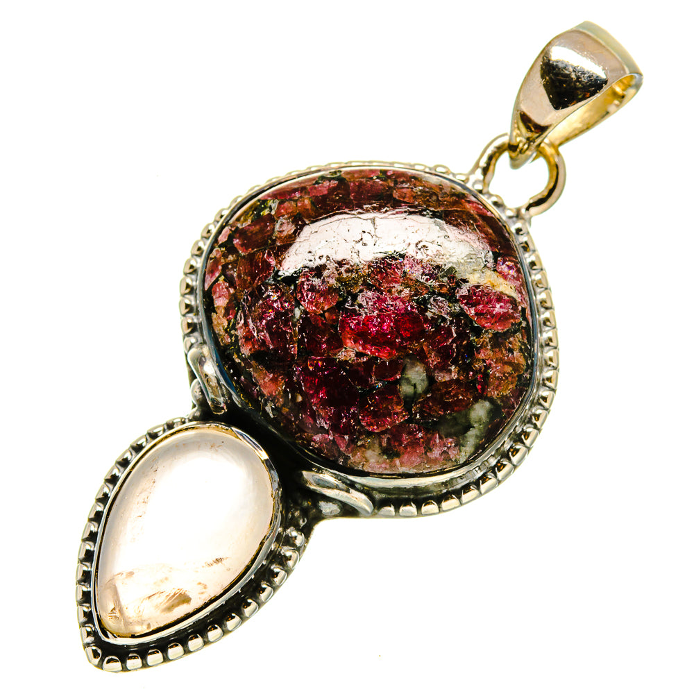 Gemstone pendant with red glittering druzy center, pale rose quartz teardrop, silver frame