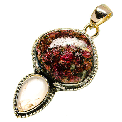 Gemstone pendant with red glittering druzy center, pale rose quartz teardrop, silver frame