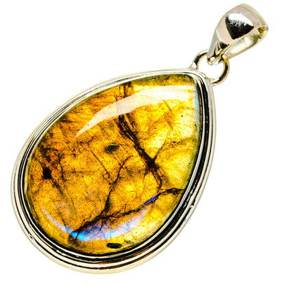 Sterling silver labradorite teardrop pendant with warm yellow iridescent stone bezel setting