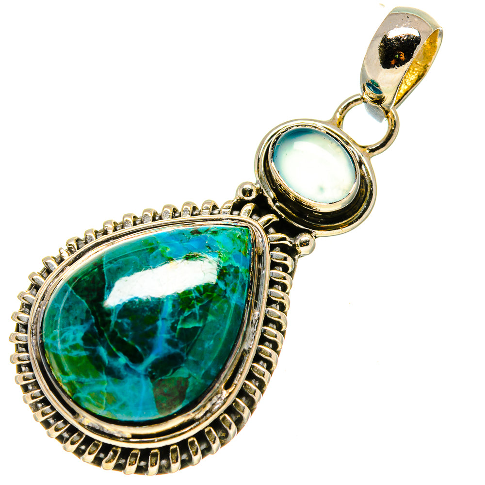 Teardrop chrysocolla pendant with gold-tone bezel and round aqua stone bail