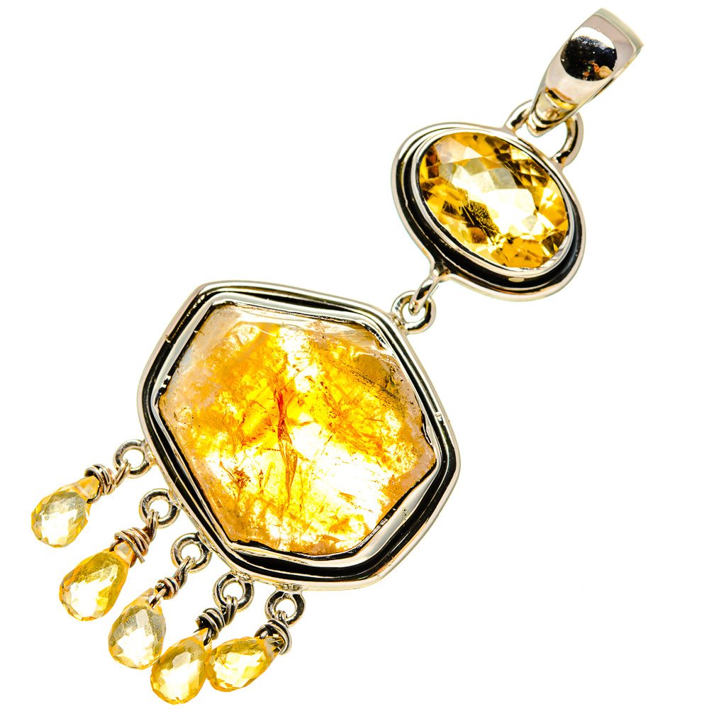Sterling silver citrine pendant featuring rough stone center with teardrop dangles