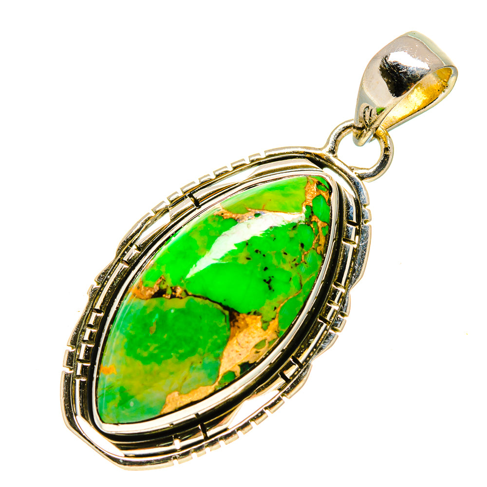 Oval green turquoise composite pendant with textured sterling silver frame and bail