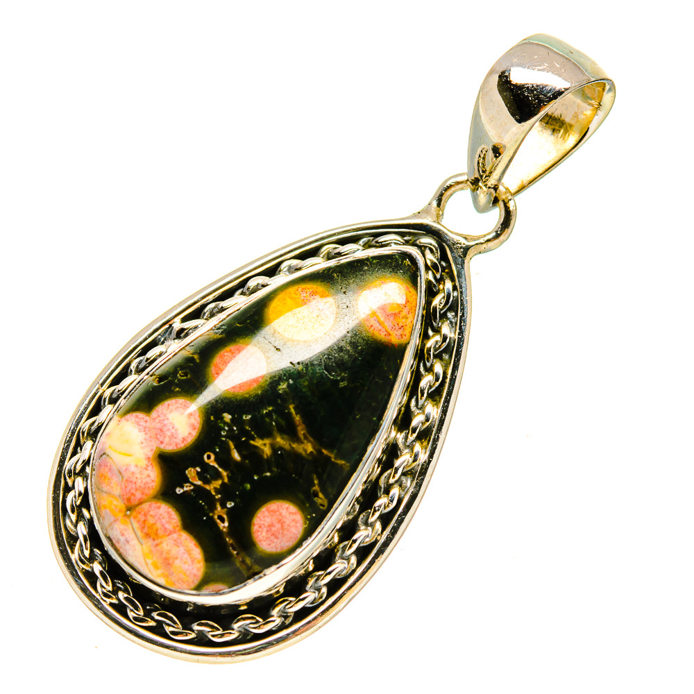 Ocean jasper teardrop pendant with ornate 925 silver frame and gold-tone bail