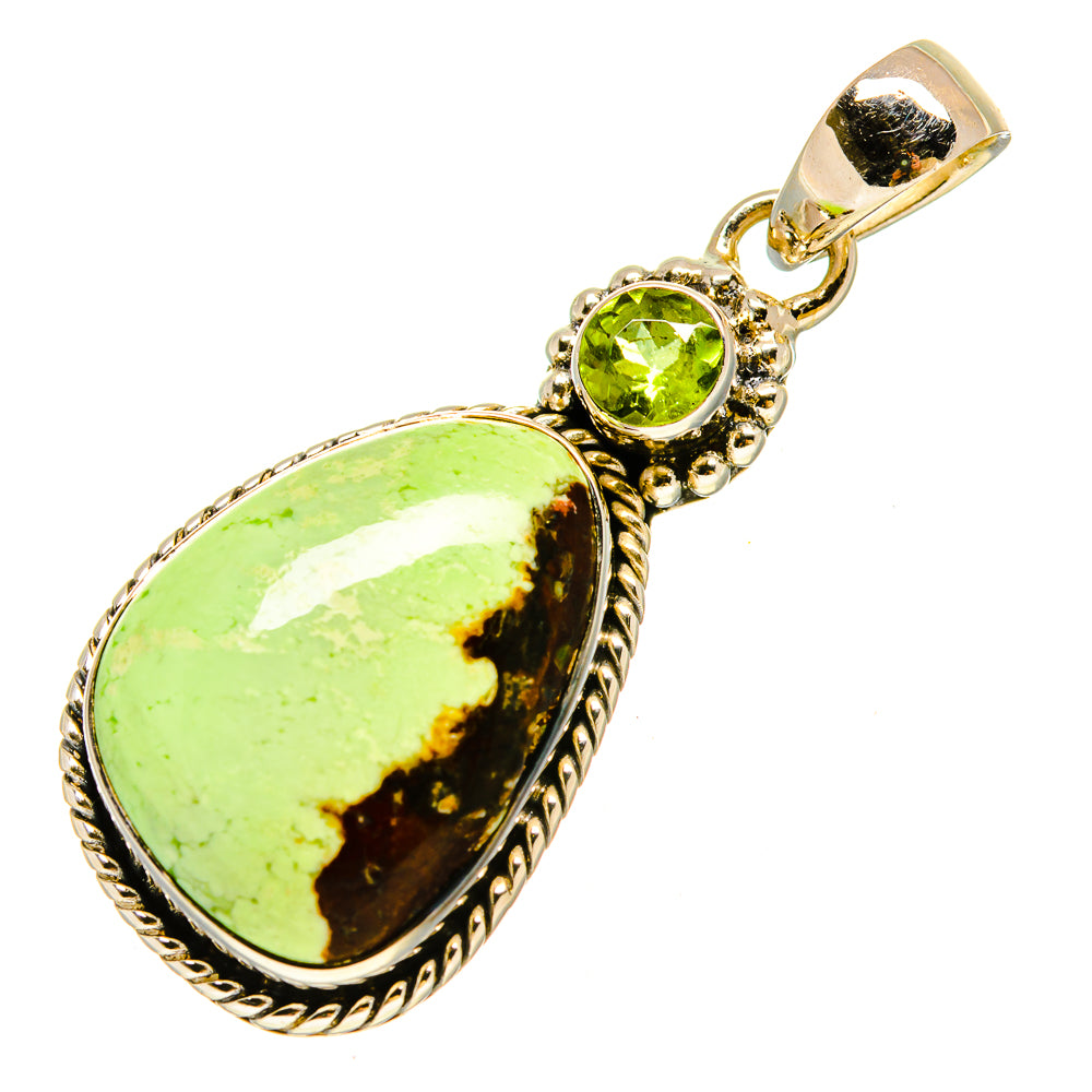 Teardrop green chrysoprase pendant with round peridot center stone, gold-tone bezel