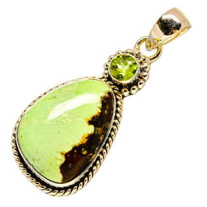 Teardrop green chrysoprase pendant with round peridot center stone, gold-tone bezel