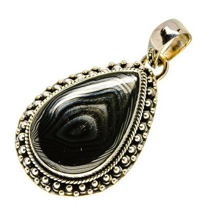 Teardrop pendant in 925 silver with black-gray banded stone, beaded border and top bail