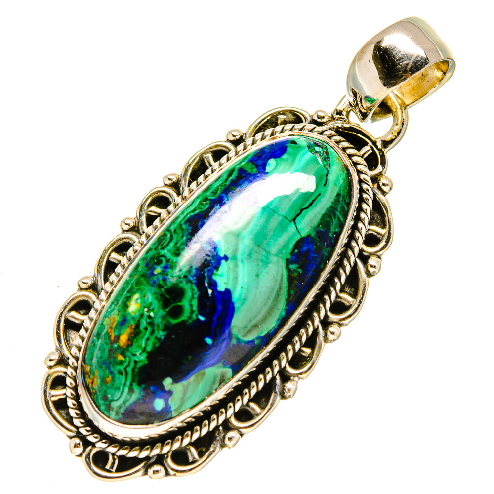 Malachite and chrysocolla oval pendant in 925 silver bezel with ornate border