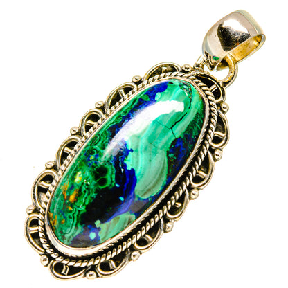 Malachite and chrysocolla oval pendant in 925 silver bezel with ornate border