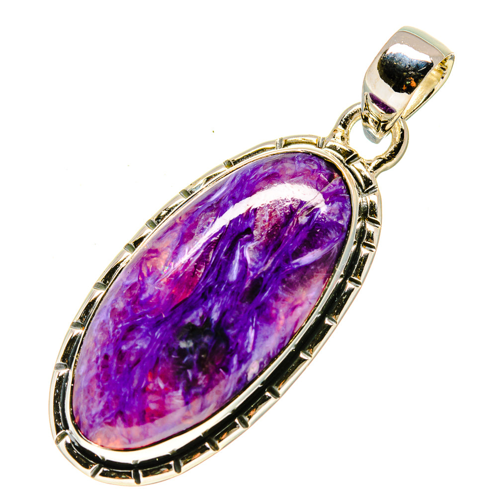 Sterling silver oval charoite pendant with purple gemstone cabochon, oval bezel.