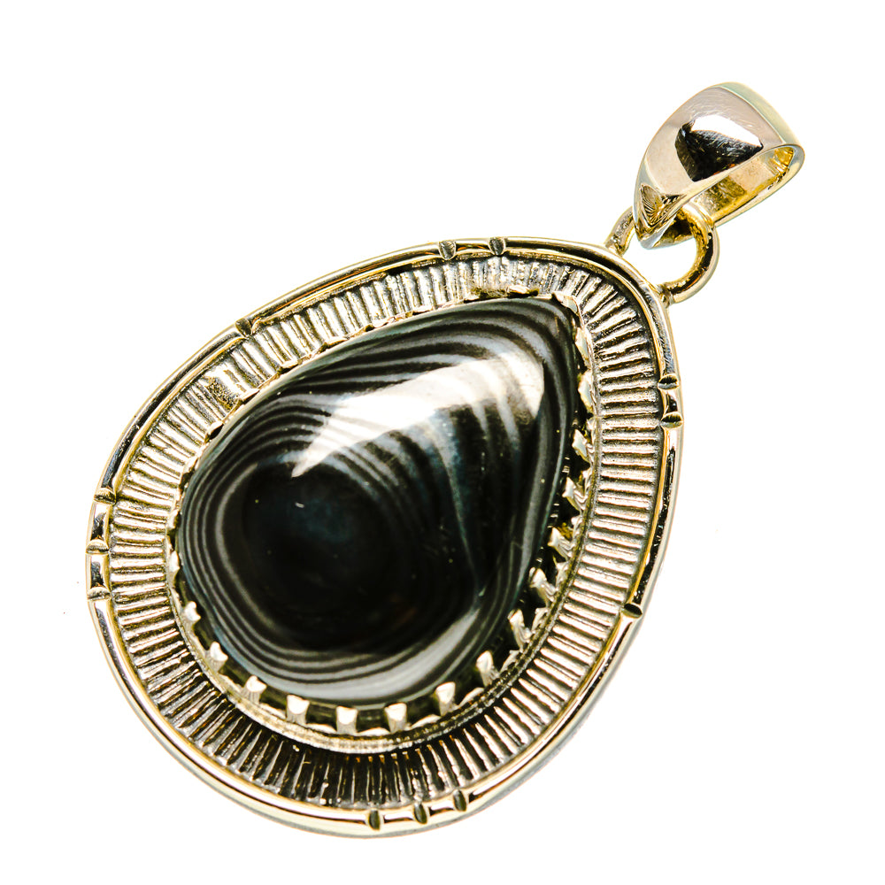 Sterling silver psilomelane pendant with oval bezel and dark teardrop cabochon