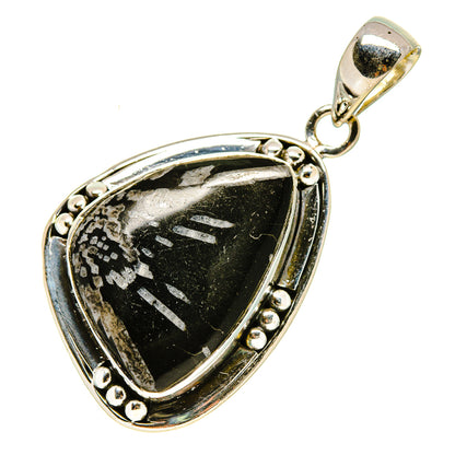 Sterling silver pendant with black marbled teardrop gemstone, decorative border, loop bail