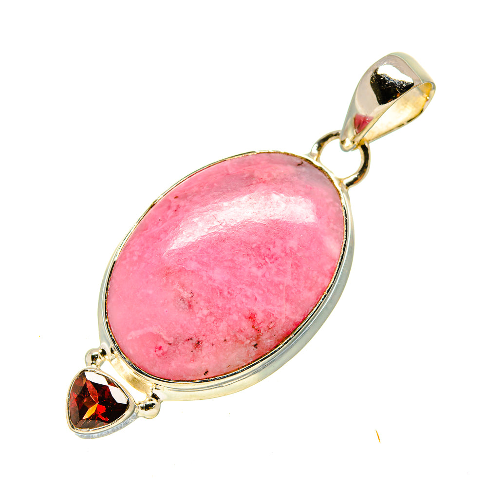 925 sterling silver pendant with oval pink rhodonite and red garnet accents