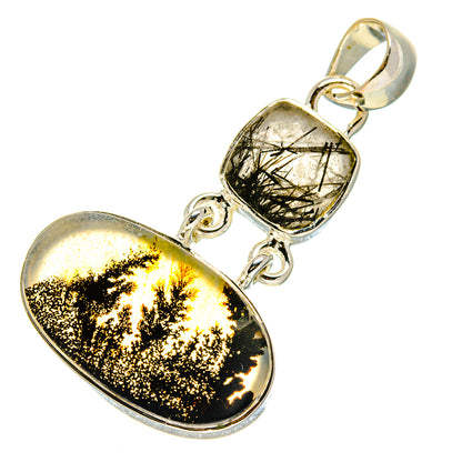 Sterling silver oval pendant with dendritic agate pattern, gold and black, loop bail