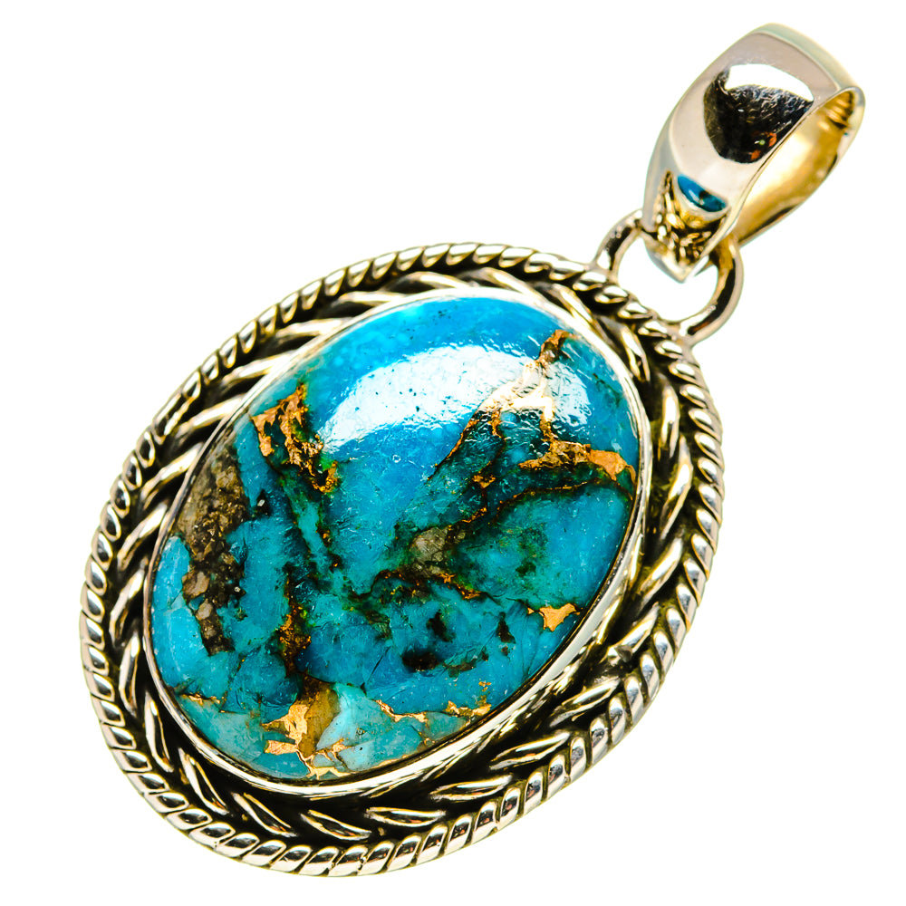 Oval turquoise pendant with rope-edge silver bezel and gold-toned bail, blue stone