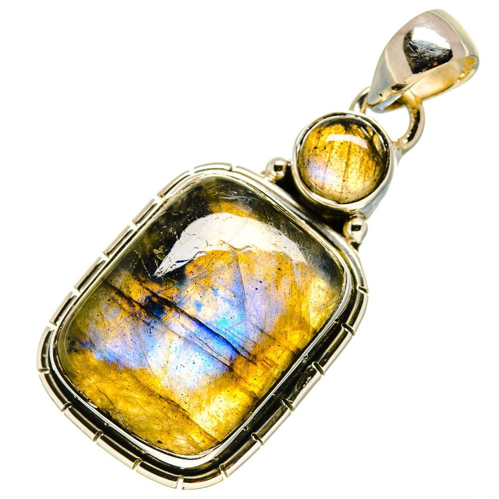 Labradorite pendant in 925 sterling silver with rectangular yellow-blue stone and round top cabochon