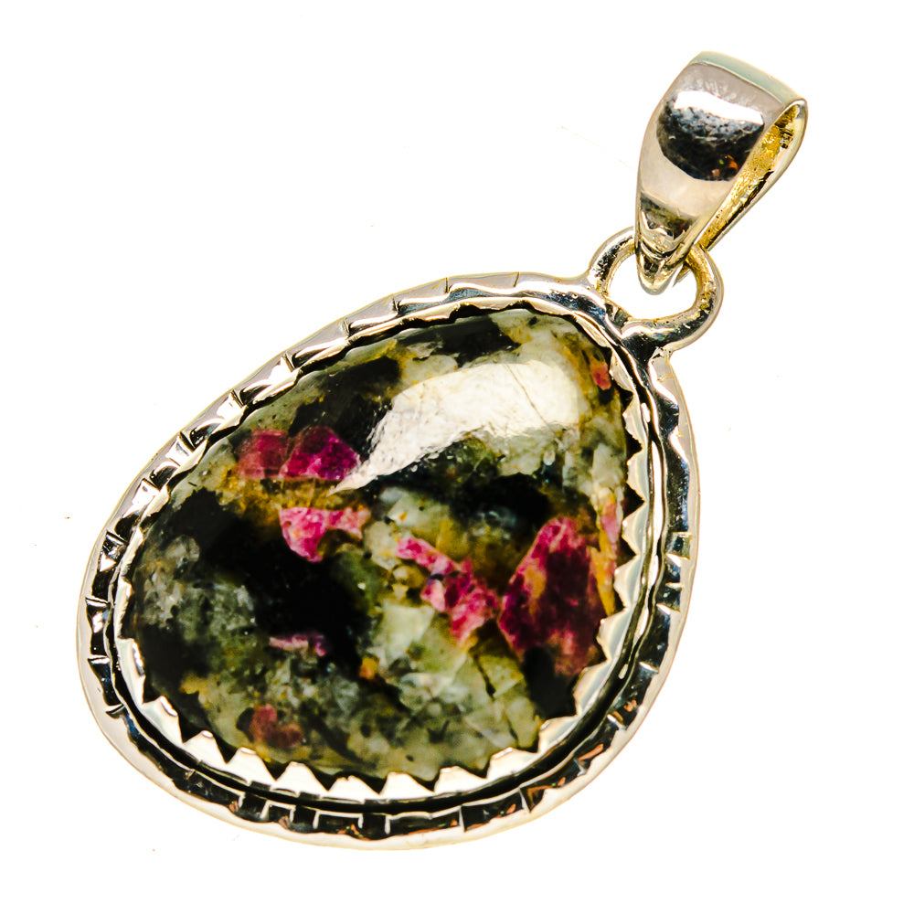 Russian eudialyte pendant in 925 sterling silver, teardrop bail, round green/pink gemstone