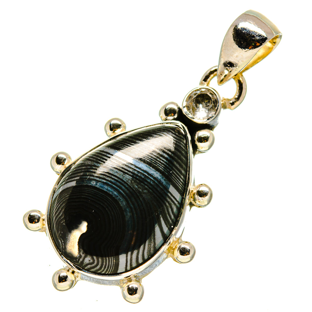 Sterling silver pendant with pear-shaped black striped stone and prong-set clear accents