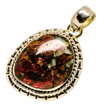Round Russian eudialyte pendant with rope bezel, dark red-green cabochon and bail