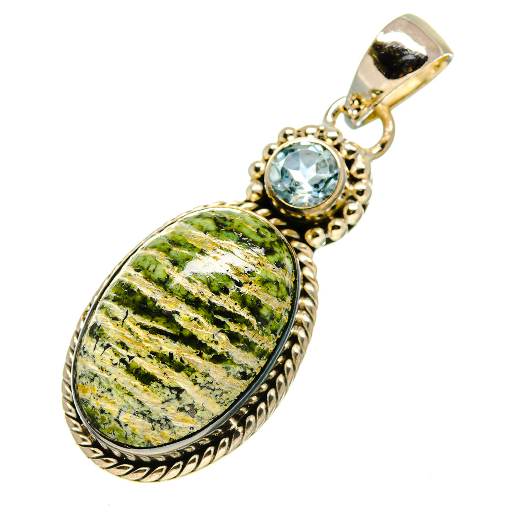 Sterling silver lizard jasper pendant with blue topaz round bezel and ornate border