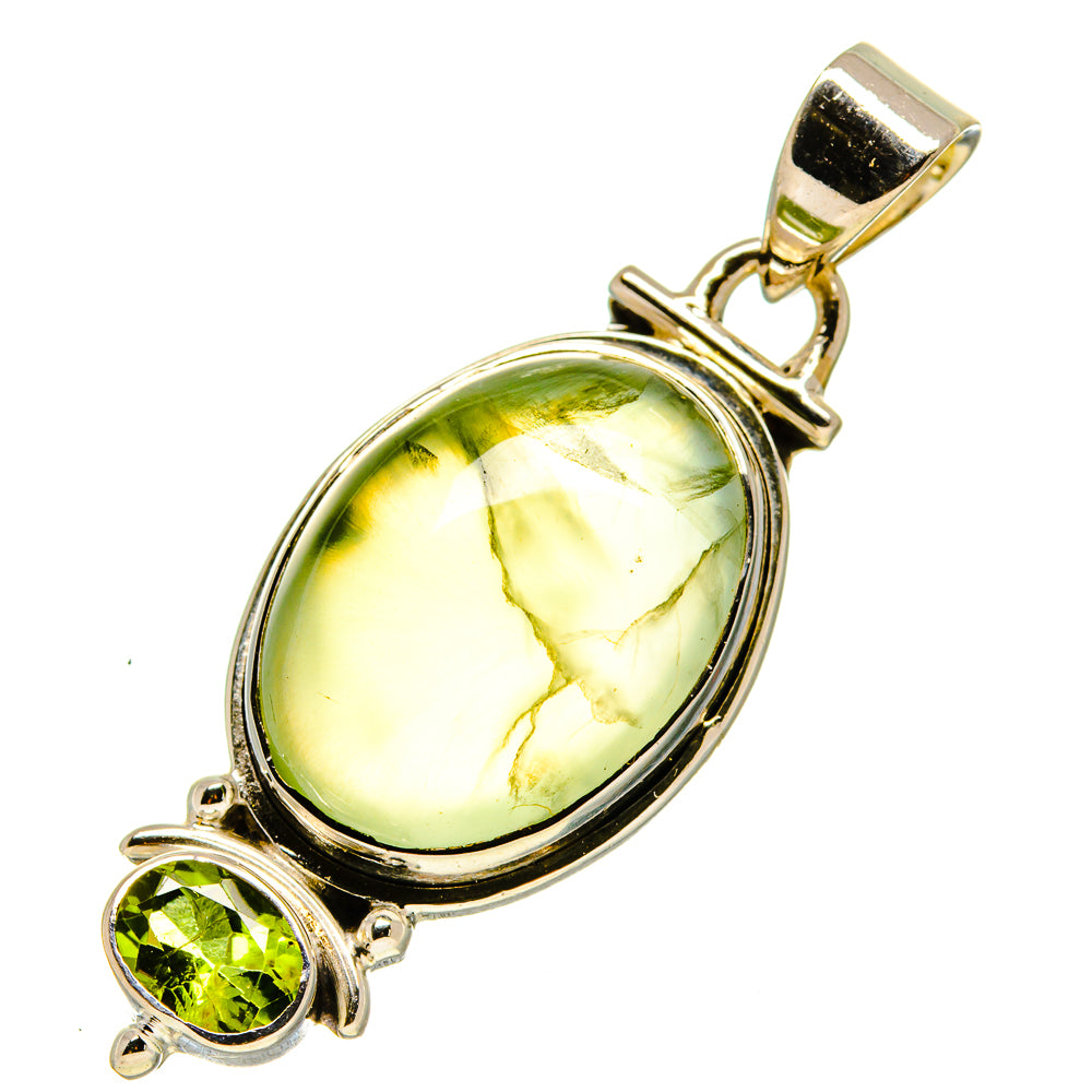 Sterling silver pendant with oval prehnite and round peridot side stone, bail loop