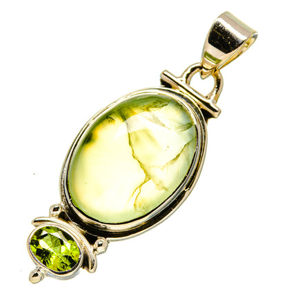 Sterling silver pendant with oval prehnite and round peridot side stone, bail loop