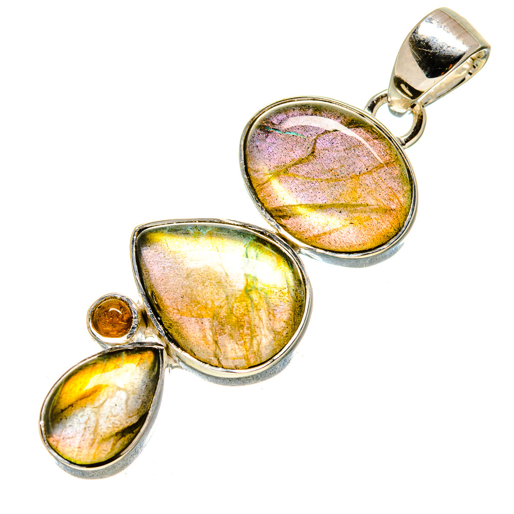Sterling silver pendant with three oval cabochon gemstones: iridescent purple-gold and yellow