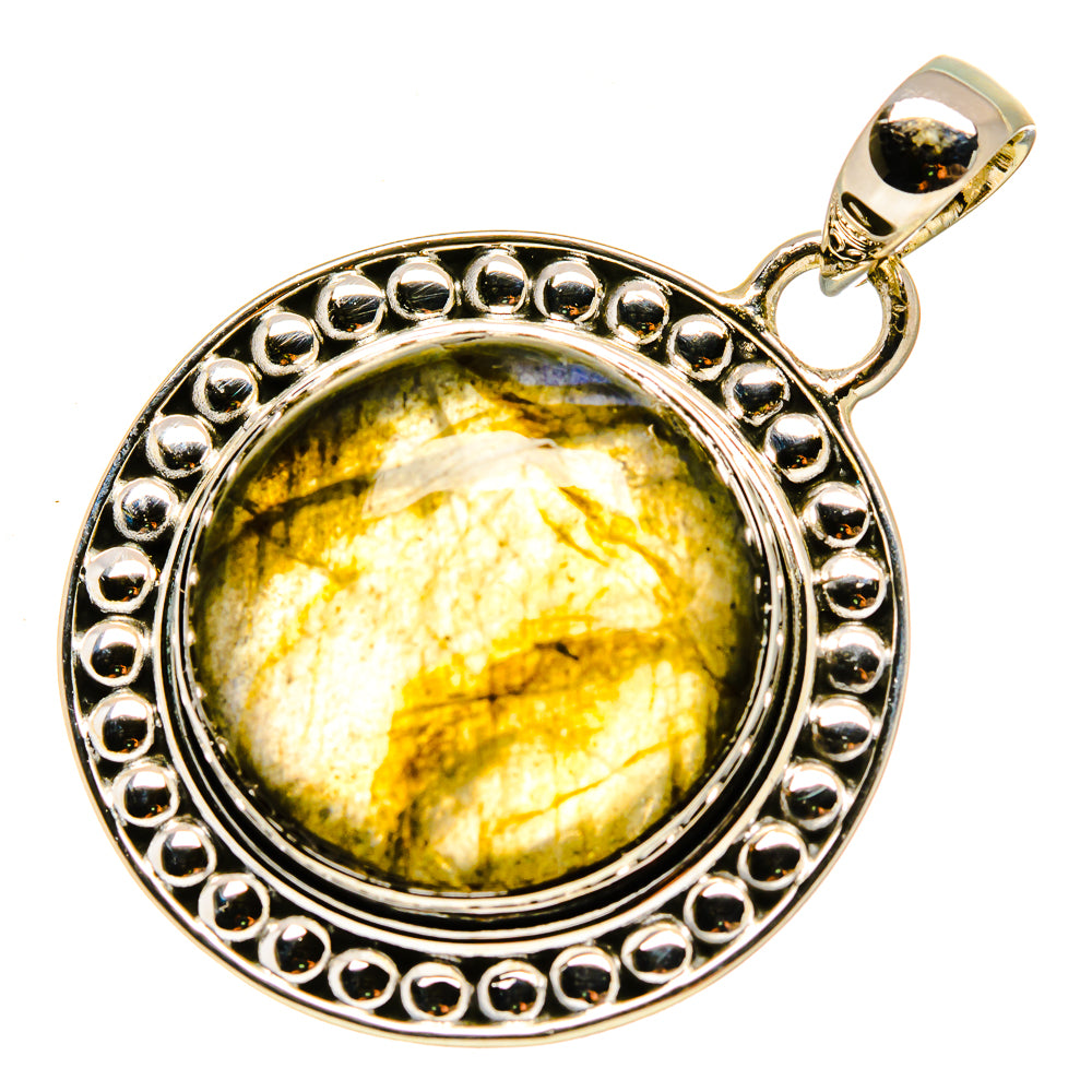 Labradorite pendant with round green-gold stone in 925 sterling silver, beaded border and bail