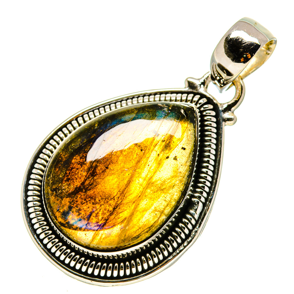 Labradorite pendant with oval sterling silver rim bezel and bail, yellow-blue iridescent cabochon