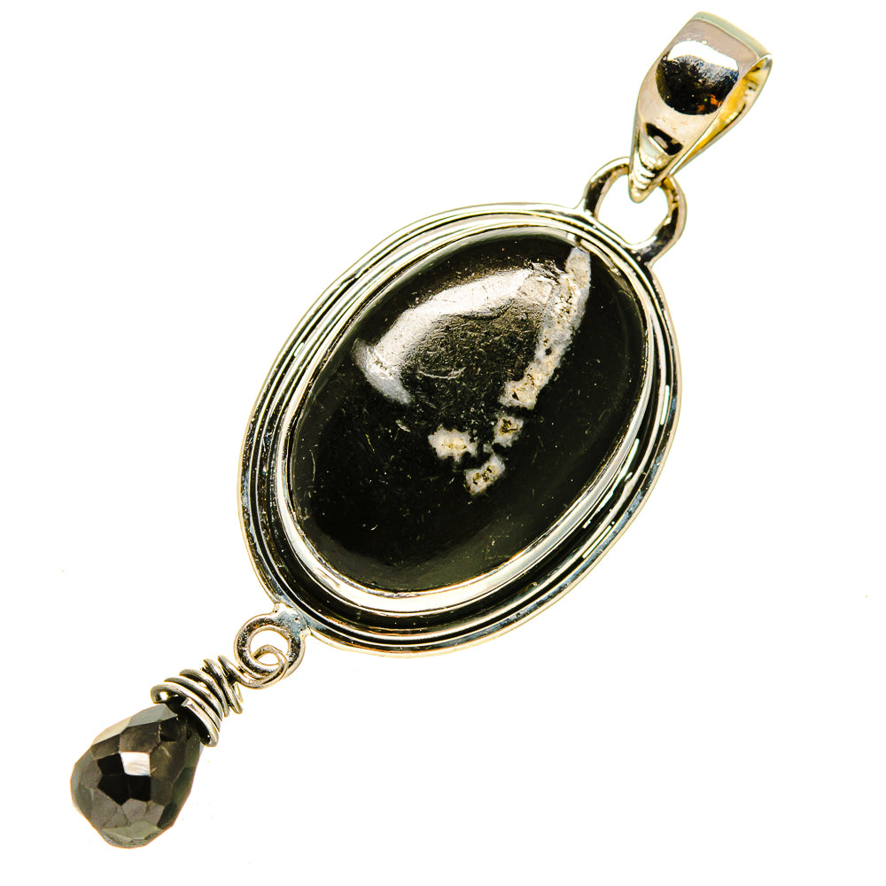 Oval onyx pendant in polished sterling silver with faceted black accent stones and bail