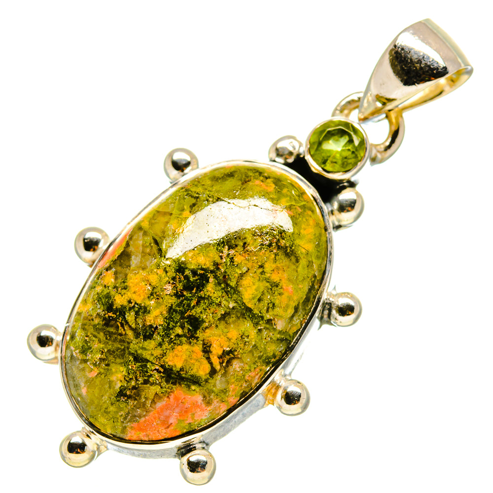 Oval unakite stone pendant with peridot accents in sterling silver setting