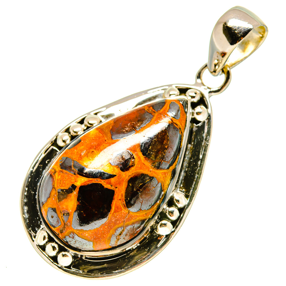 Teardrop bauxite pendant with silver-tone frame and bail, faceted stone detail
