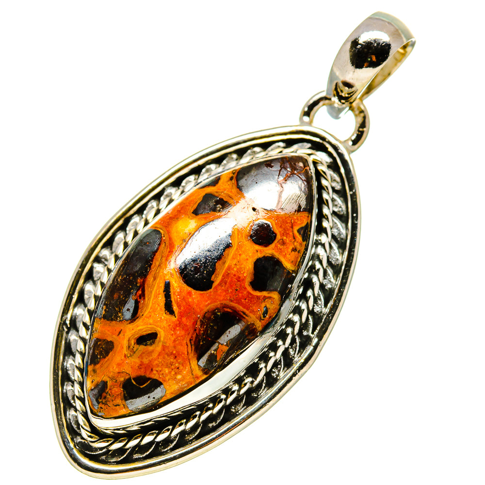 925 sterling silver bauxite oval pendant with loop bail, orange and black stone