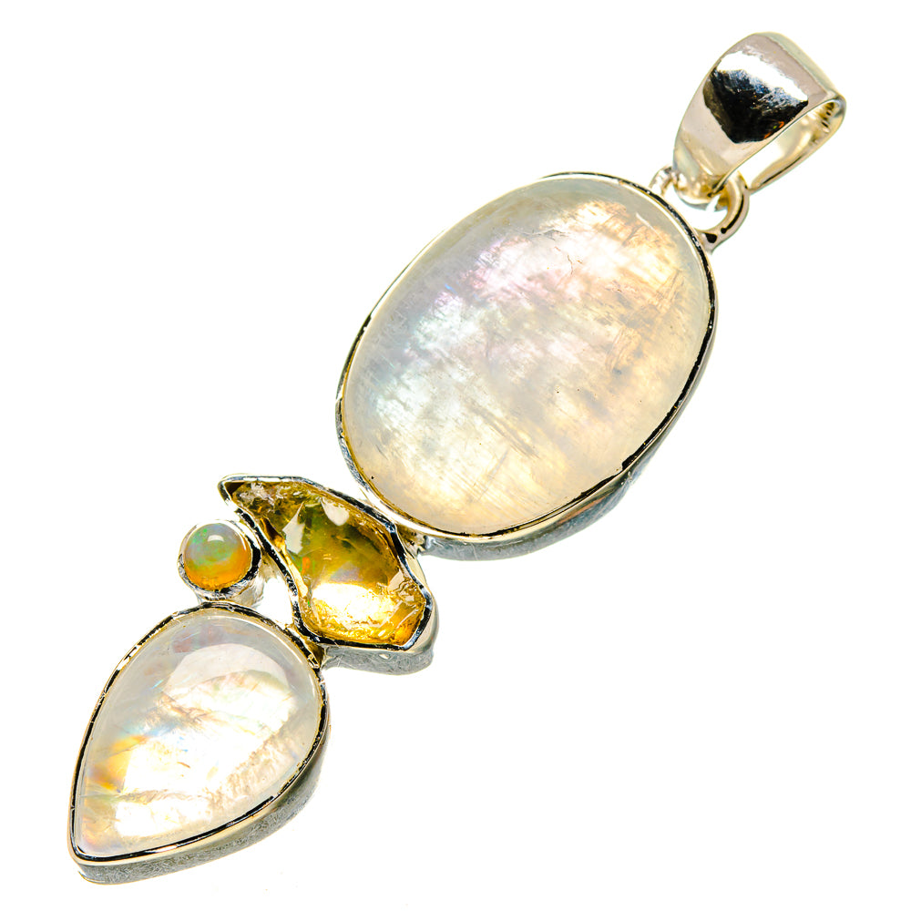 Opalescent oval moonstone pendant in 925 sterling silver with yellow-green gemstone accents