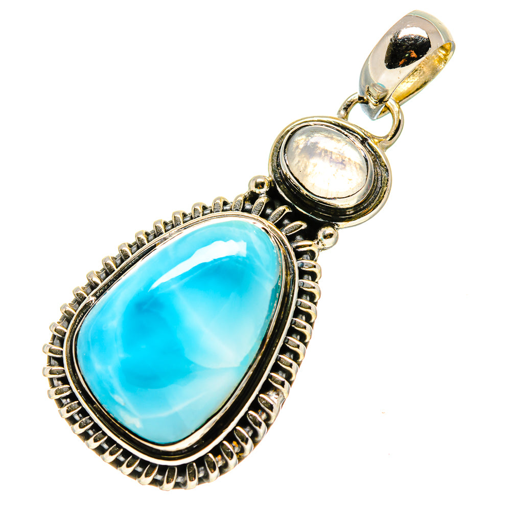 Two-stone sterling silver pendant with oval blue larimar and small opalescent moonstone