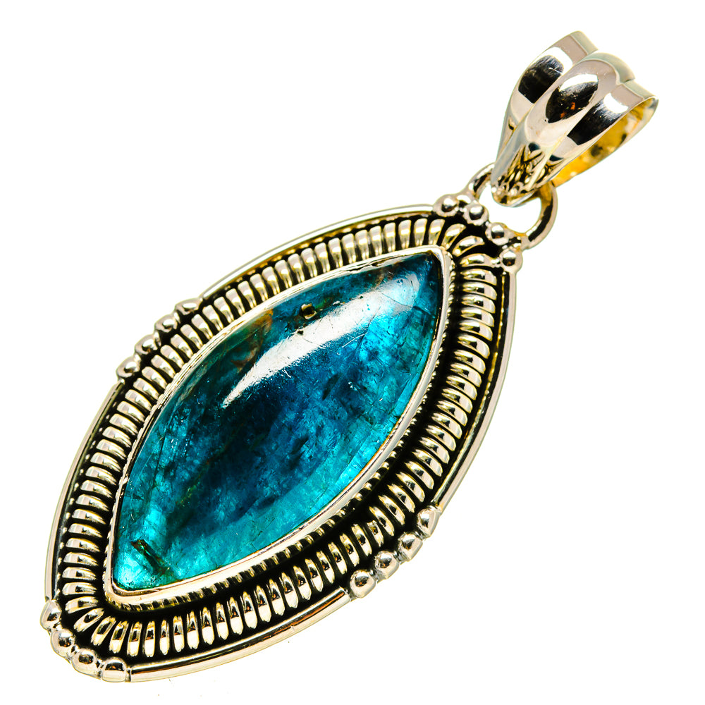 Apatite pendant with oval blue gemstone in ornate 925 sterling silver bezel and bail