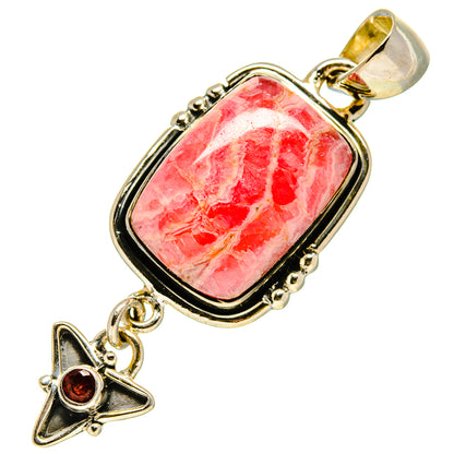 925 sterling silver pendant: rectangular pink rhodochrosite with red garnet star charm