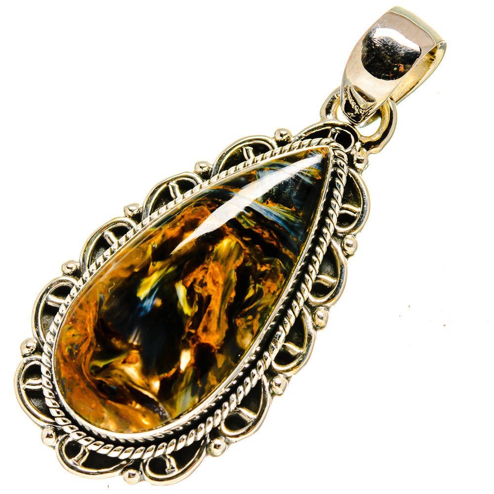 Pietersite oval pendant with silver-tone decorative frame and twisted rope edge