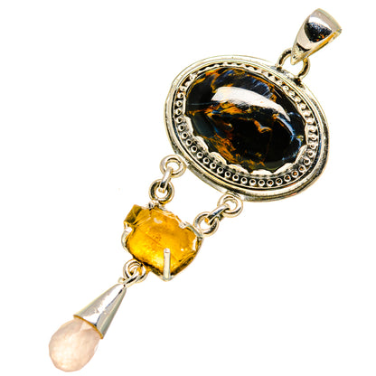 Sterling silver pendant showing oval dark stone with yellow citrine and rose quartz drop