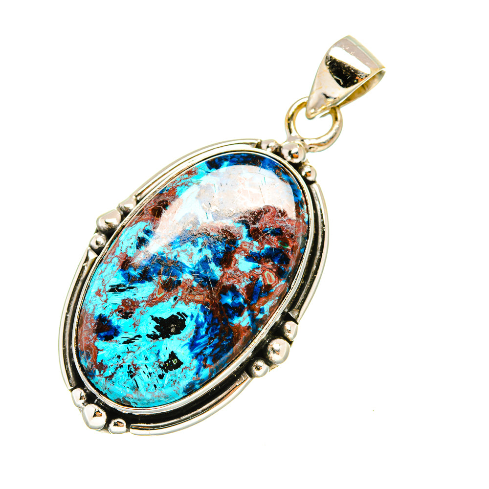 Oval shattuckite pendant with sterling silver frame, bead accents, and bail