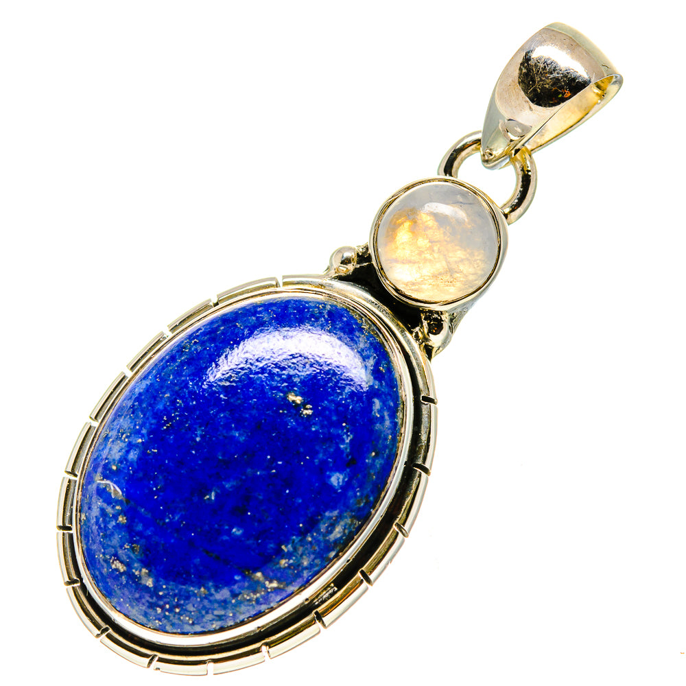 Lapis lazuli oval pendant with silver setting, two round moonstone accents, top bail