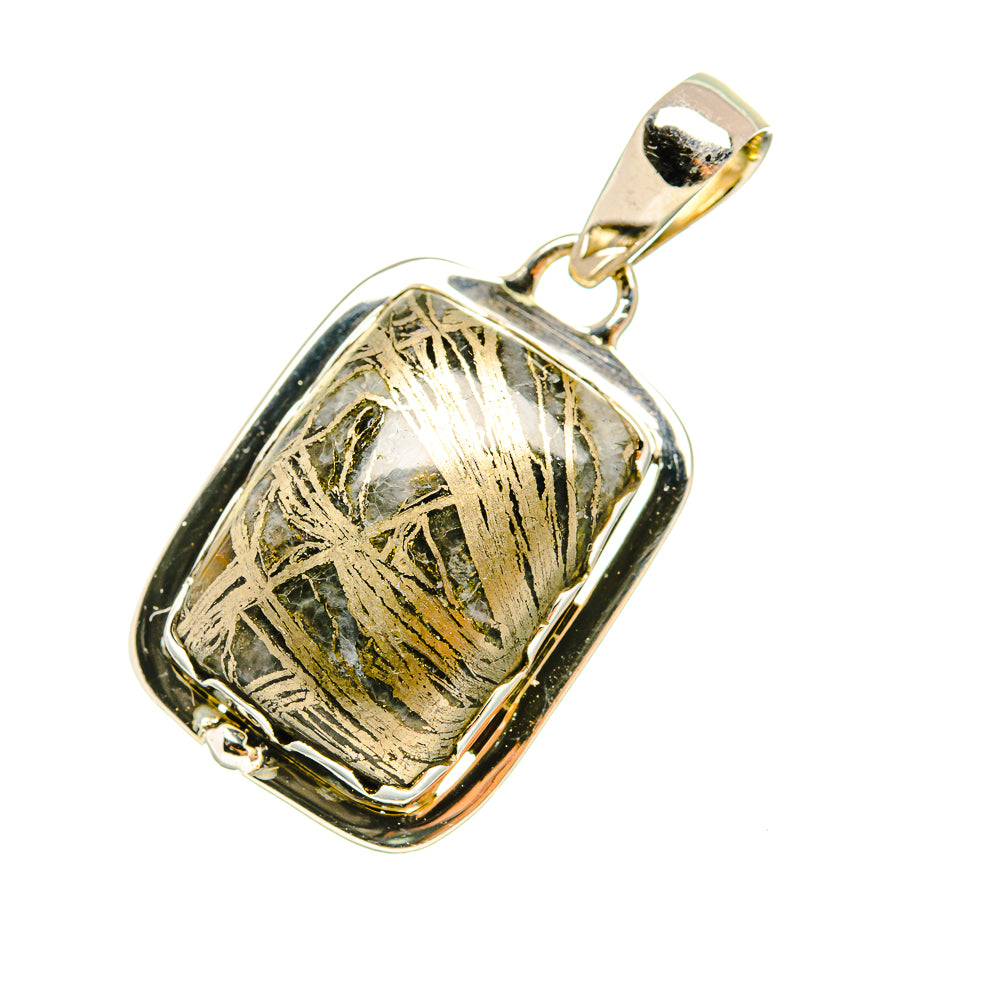 Sterling silver pendant with rectangular pyrite agate gemstone, gold-tone bezel edge