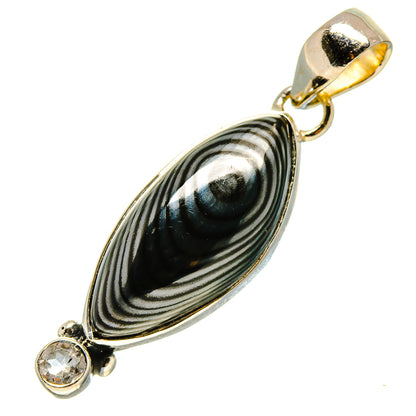 Oval striped black/white gemstone pendant with round clear stone, metal bail