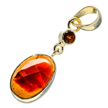 Oval fire opal and round garnet pendant, silver-tone with bail
