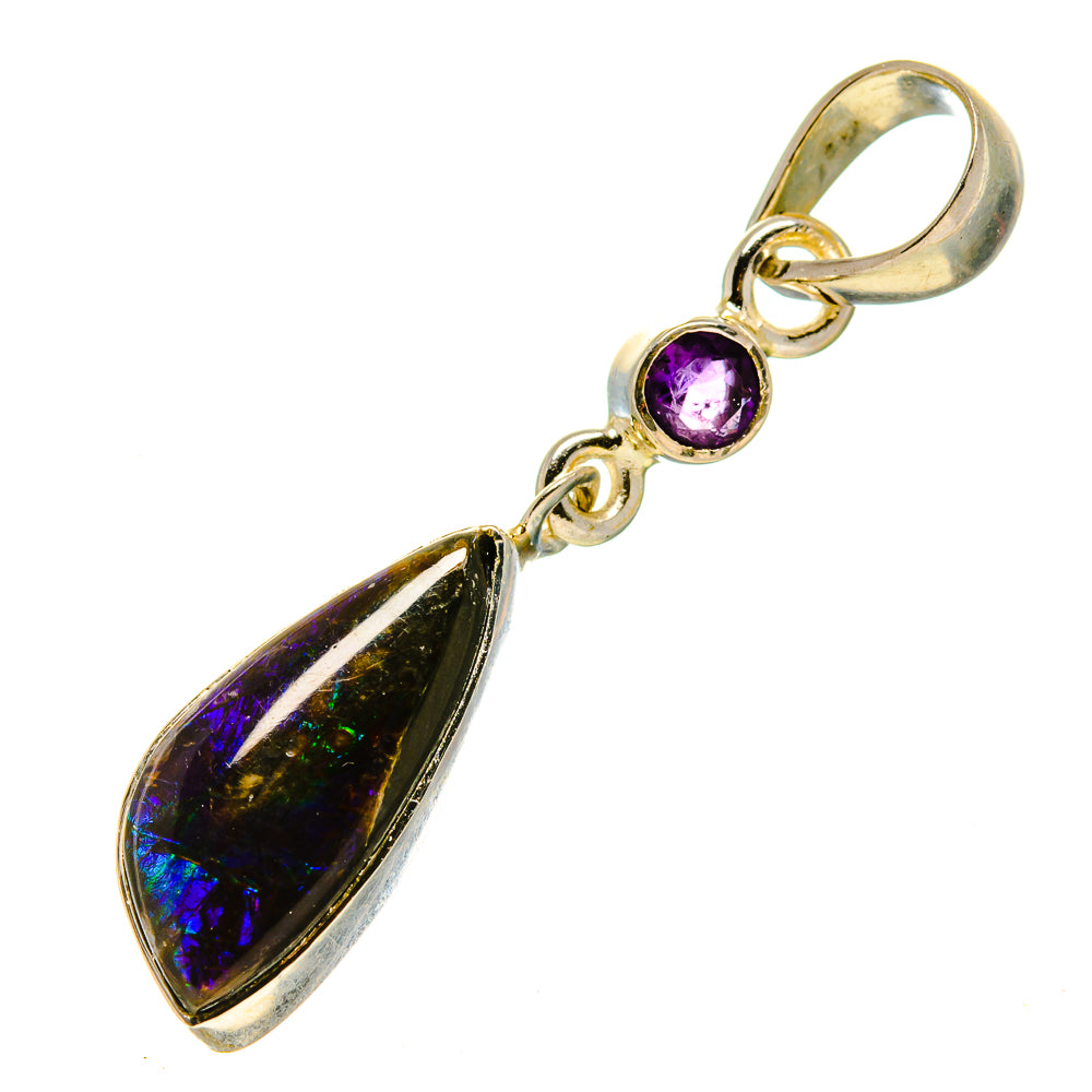 Sterling silver ammolite pendant with purple round amethyst and teardrop iridescent stone.