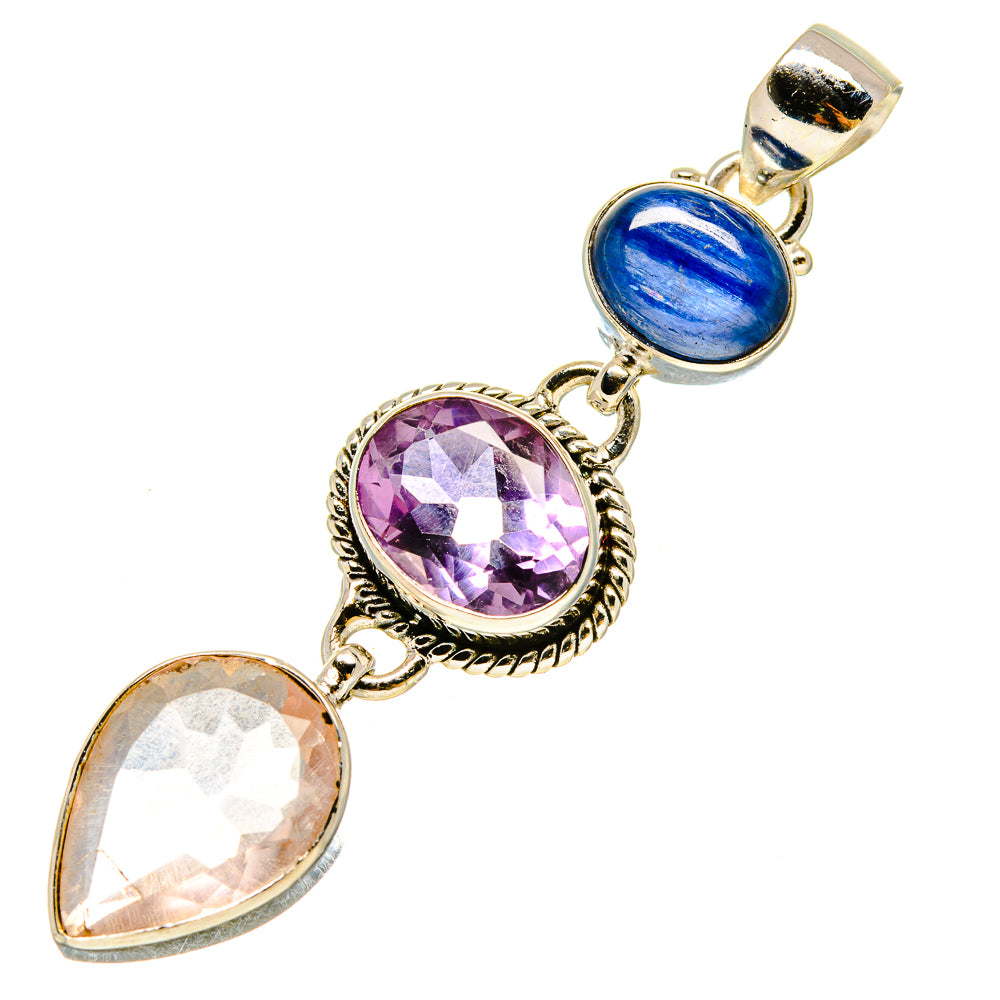 Sterling silver gemstone pendant with pink teardrop, purple oval, and blue oval stones
