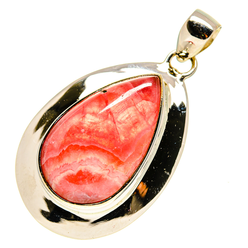 Teardrop rhodochrosite pendant in polished 925 silver with red cabochon and loop bail