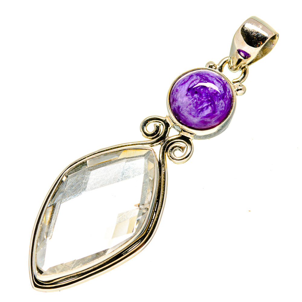Oval purple charoite with faceted clear quartz pendant, gold-tone sterling silver