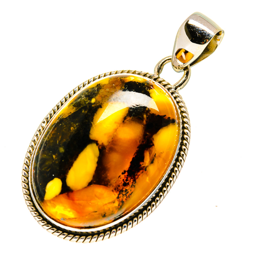 Oval peanut wood jasper pendant in 925 sterling silver with bail, yellow and amber swirl