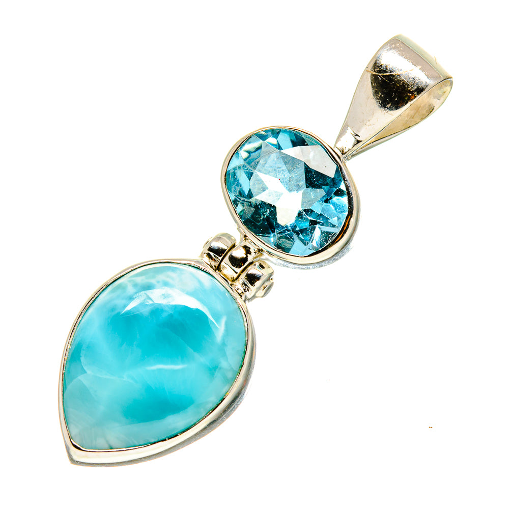 Sterling silver double-stone pendant with oval larimar and faceted round blue gemstone
