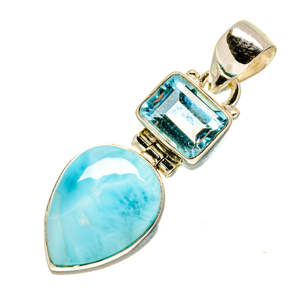 Silver pendant with oval larimar and rectangular blue topaz, detailed prong setting